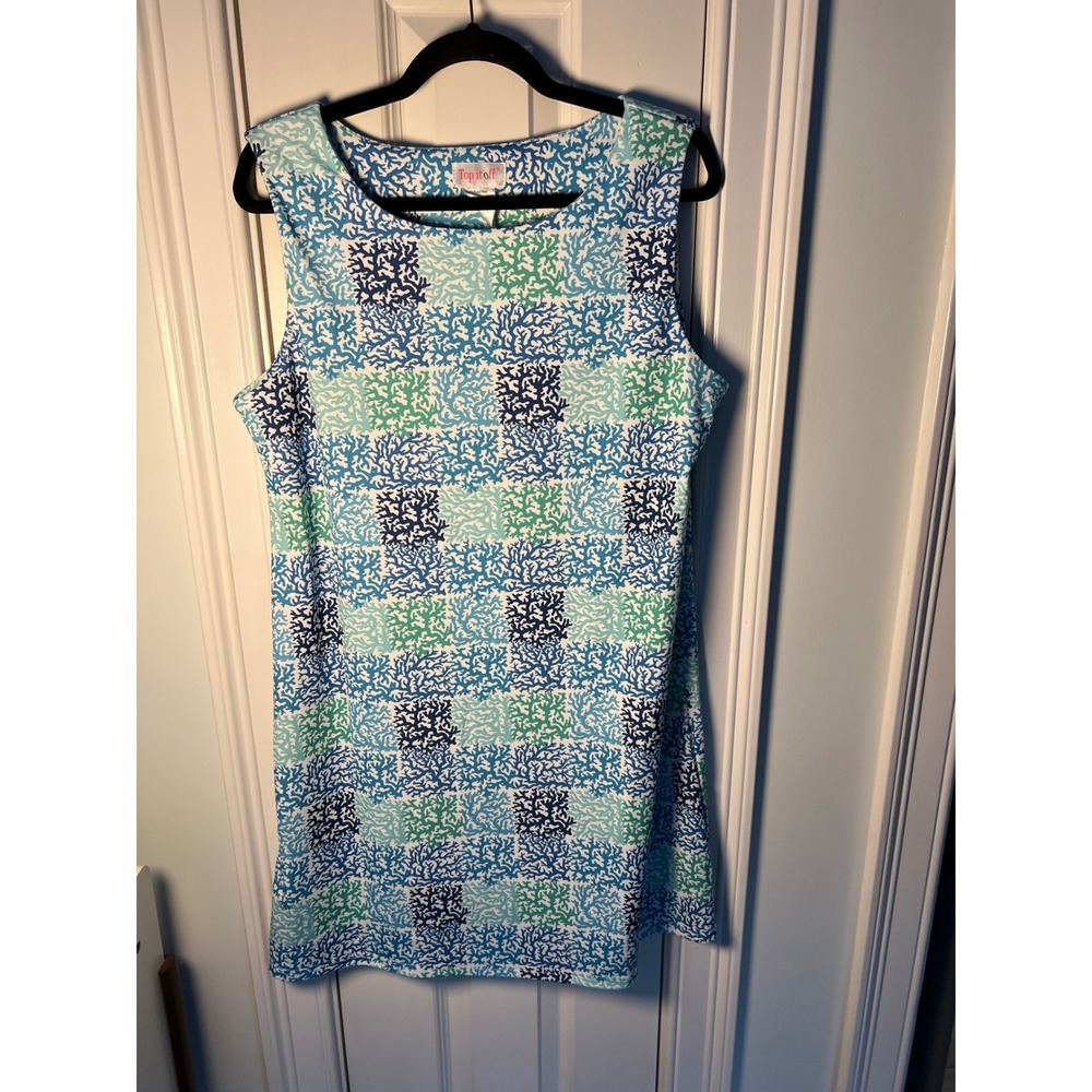 Top It Off Coastal Coral Print Sleeveless Shift Dress Blue Green XL